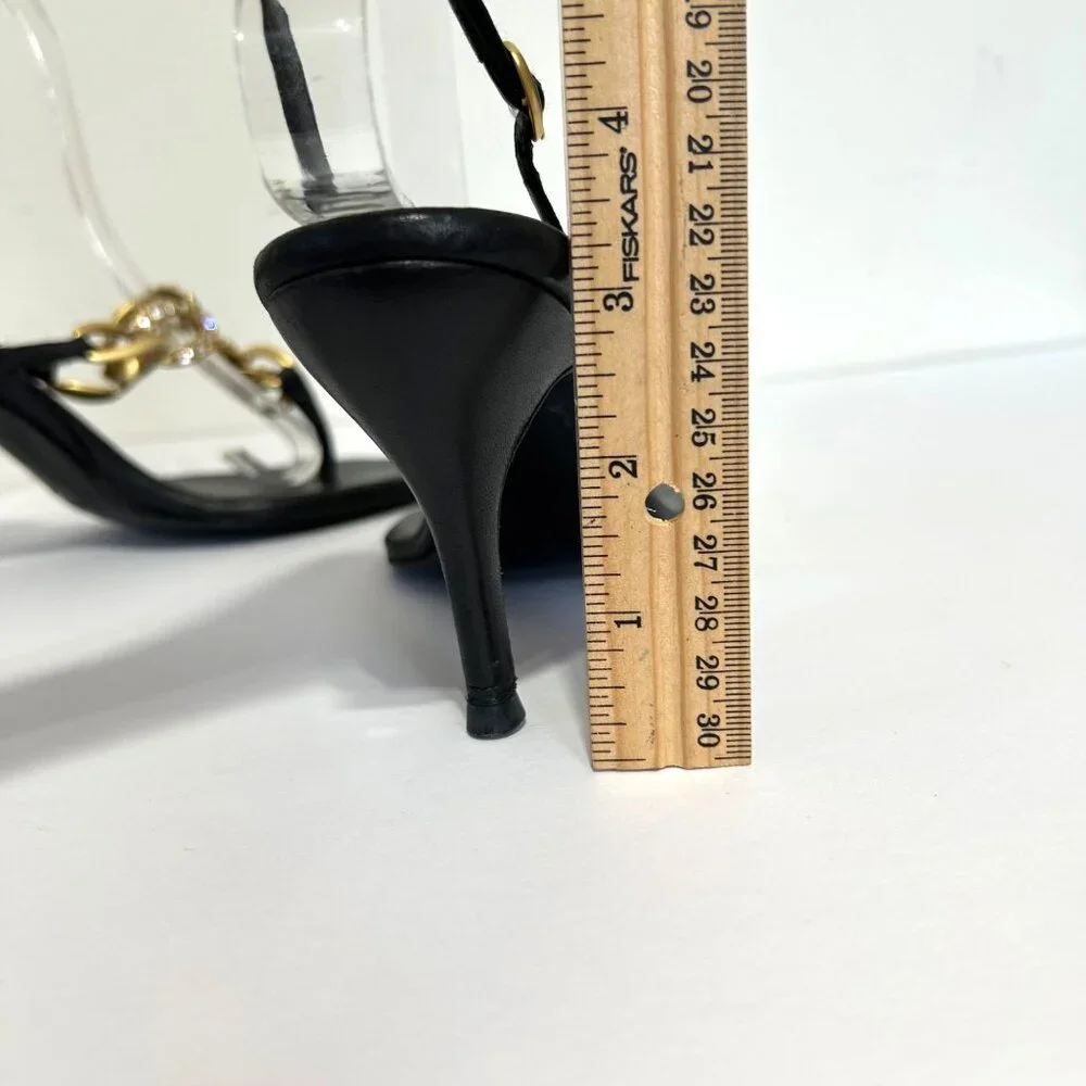 Chanel Sz 36 Black Leather Slingback Heels With Gold Chain Rhinestone Detail